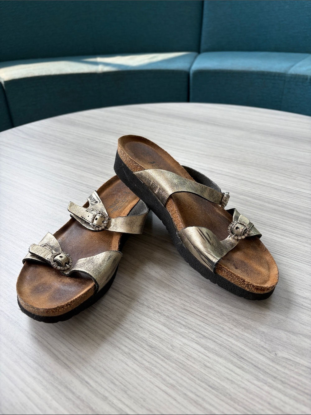 Naot Distressed Metallic Bronze Double-Buckle Slide Sandals